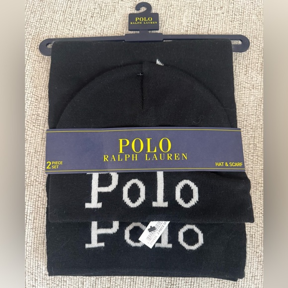 NEW w/Tags Polo by Ralph Lauren Black / White Knit Hat & Scarf Set - Picture 2 of 7